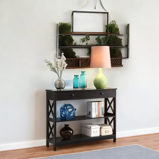 Black Console Table with Drawer and Open Shelves – Elegant Accent 