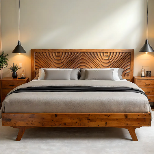 Carved Wooden Bed with Round Pattern – Luxurious & Bold Design - Rustira